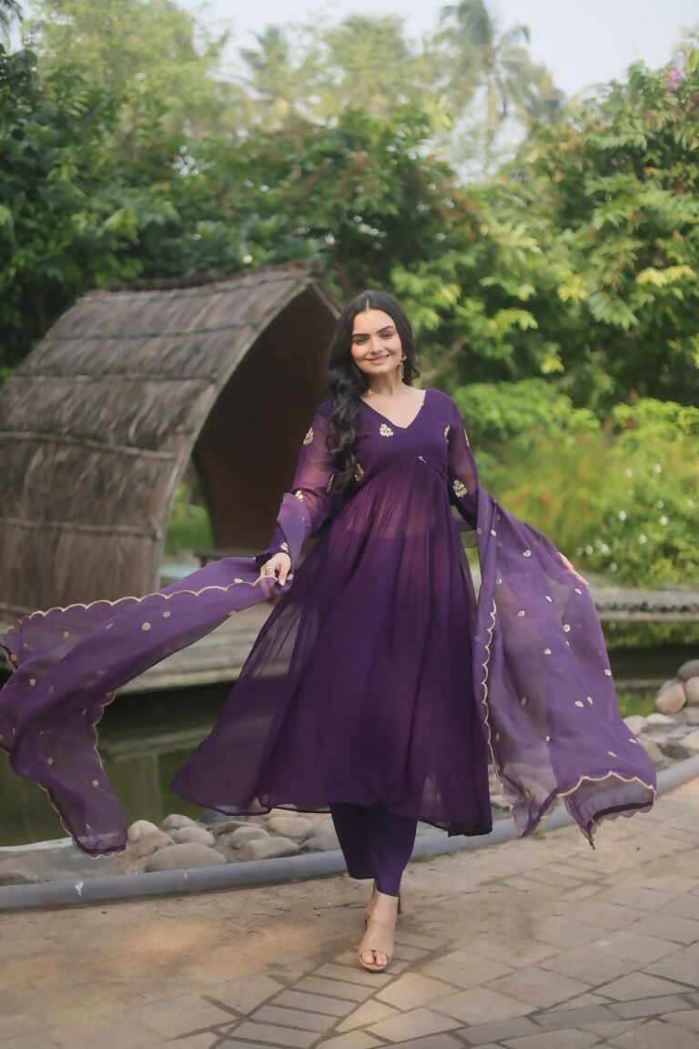 Jyoti Fashion Women's Wine Faux Blooming Embroidered Kurta with Trouser & Dupatta | Swadesiicart