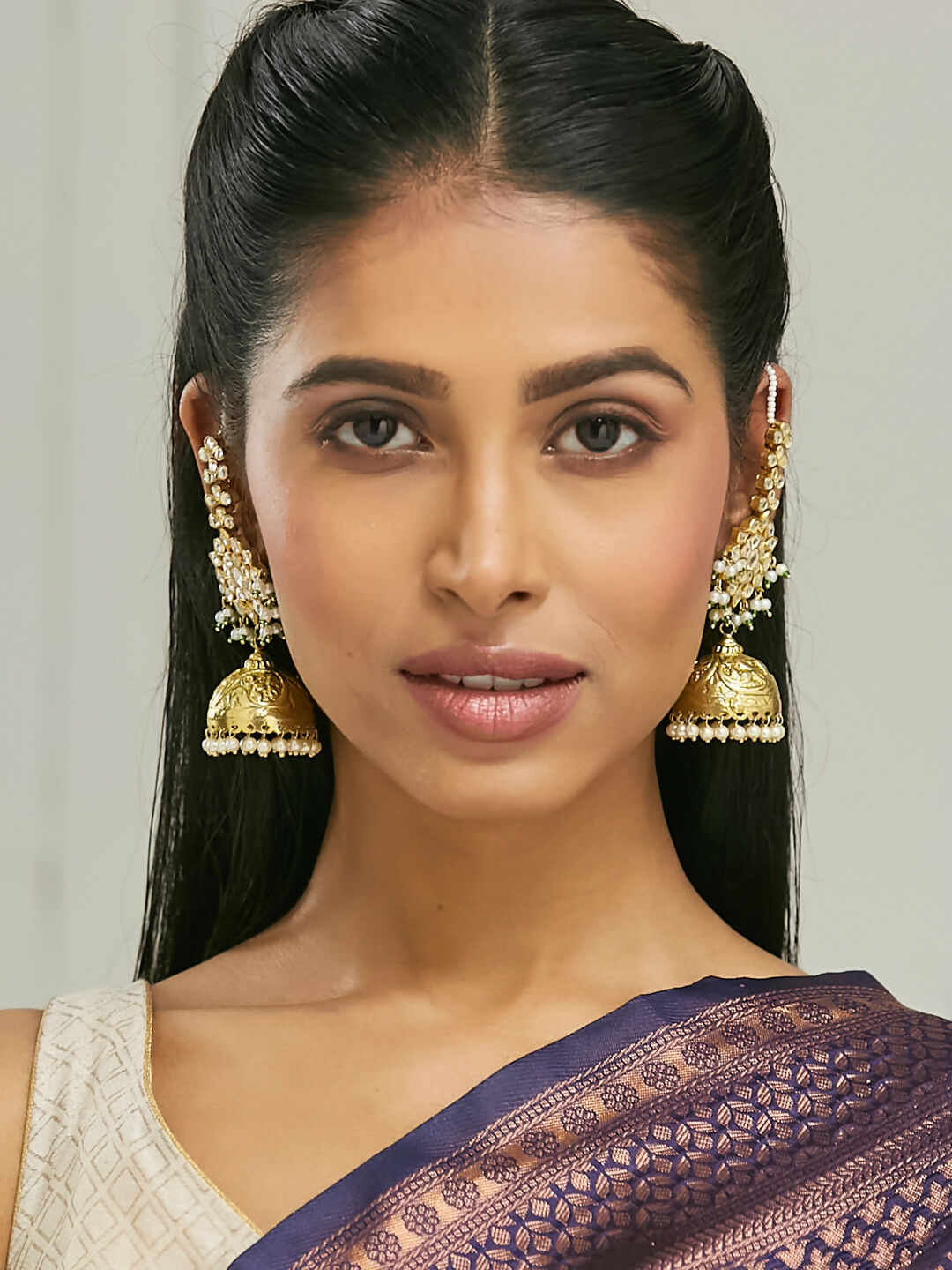 Nuyug 22K Gold-Plated Floral Jhumki Kundan Studded Kanauti Earrings | Swadesiicart