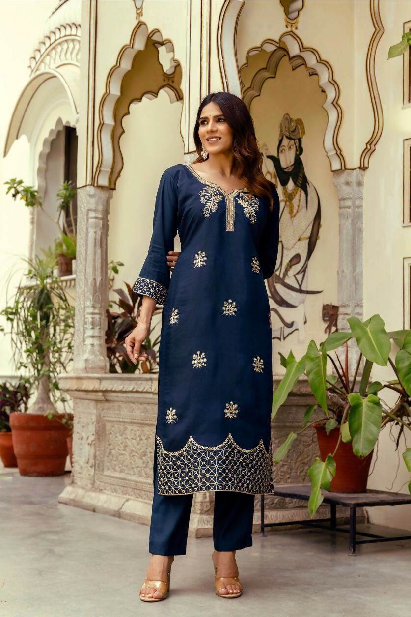The52 Navy Blue Women's Beautiful Viscose Chanderi Fabric Thread Work Straight Kurta Pant and Dupatta Set - Swadesiicart