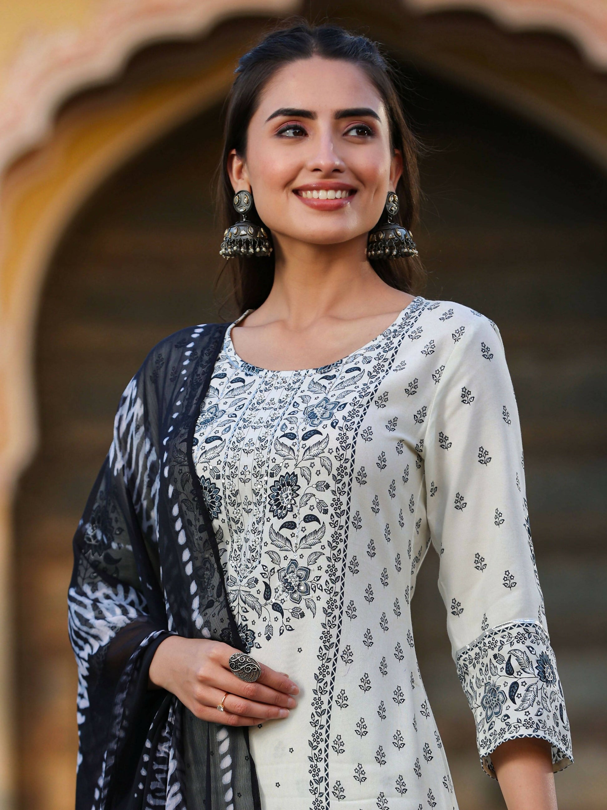 Juniper Women's Off White Rayon Floral Placement Kurta With Sharara And Dupatta Set | Swadesiicart