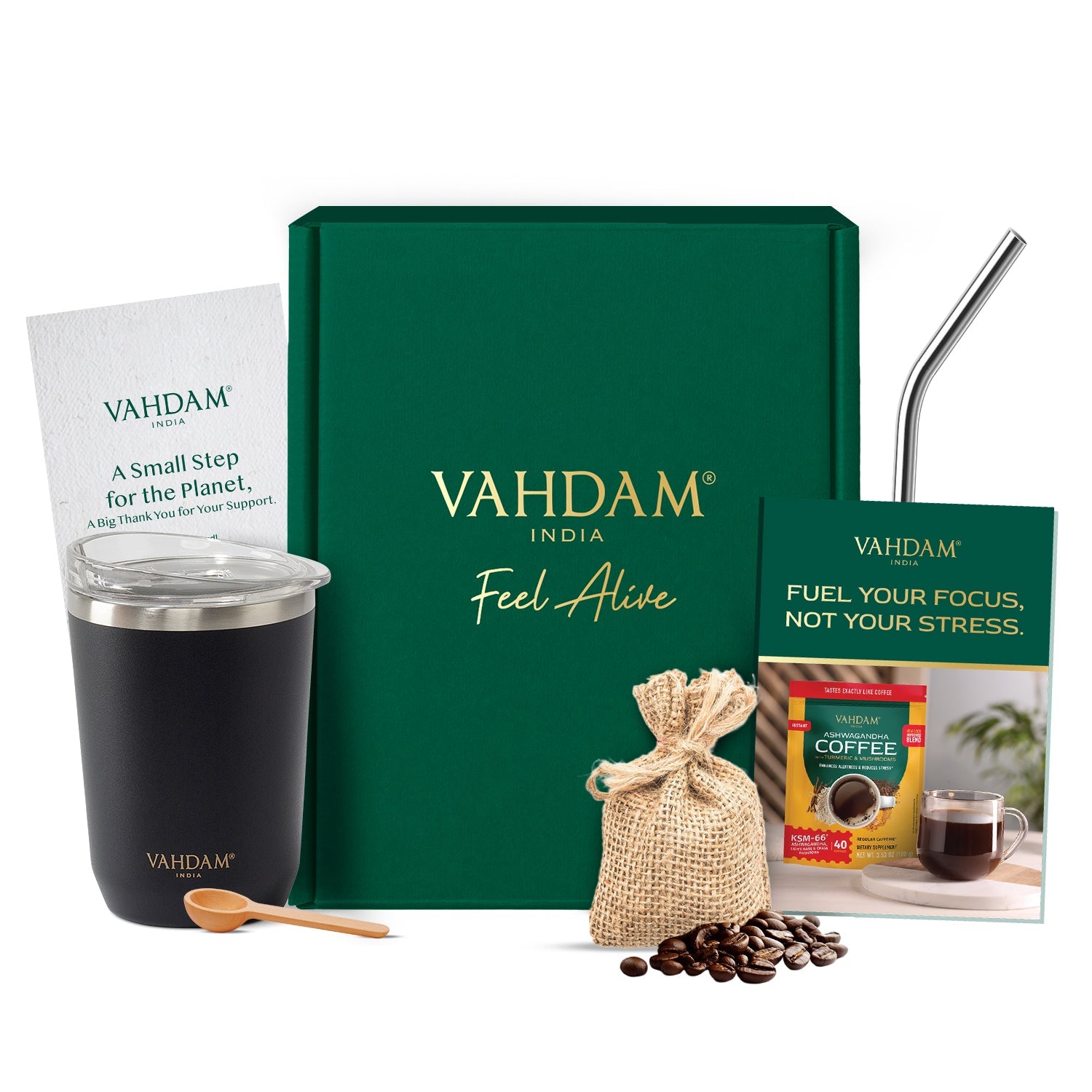 Gift Kit with Wooden Scoop, Stainless Steel Straw & Complimentary Tea Bags