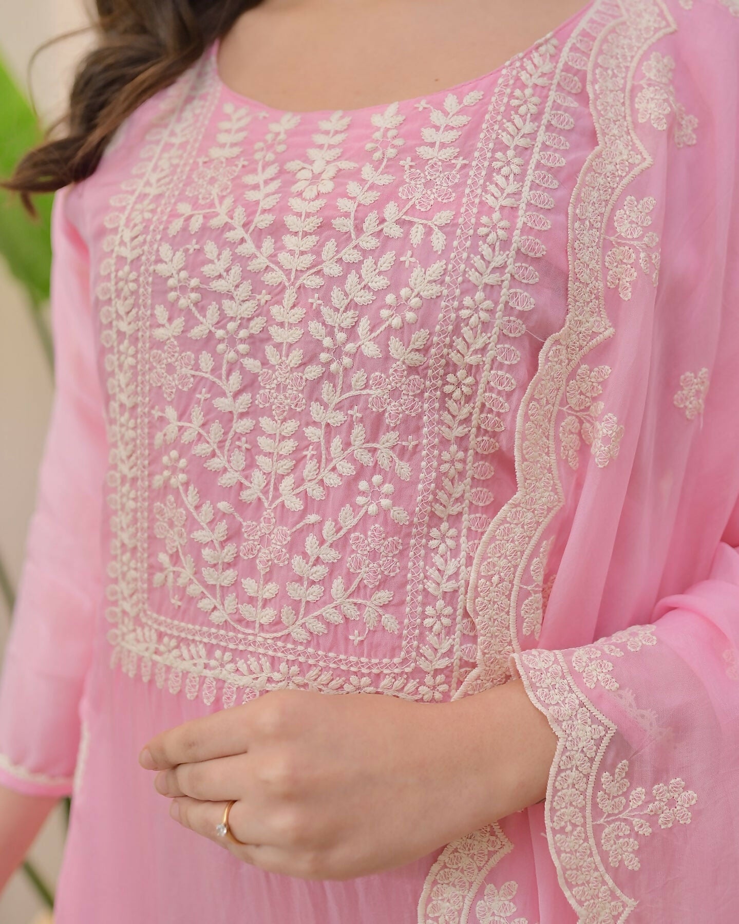 The52 Pink Women's Beautiful Chikankari Work Chanderi Fabric Straight Kurta Pant and Dupatta Set - Swadesiicart