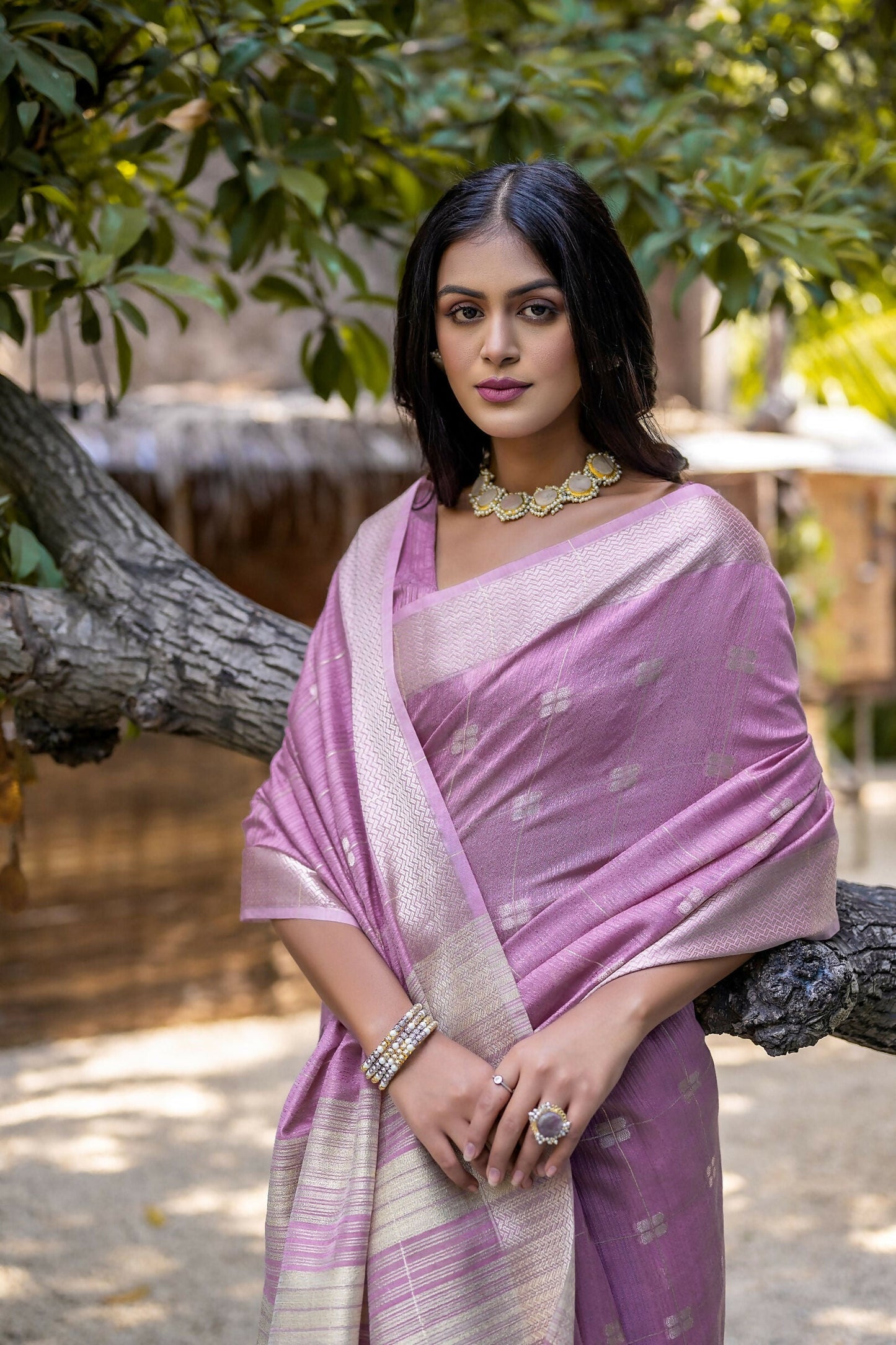 Vishnu Weaves Women's Purple Pure Cotton Zari Woven Saree with Blouse - Swadesiicart