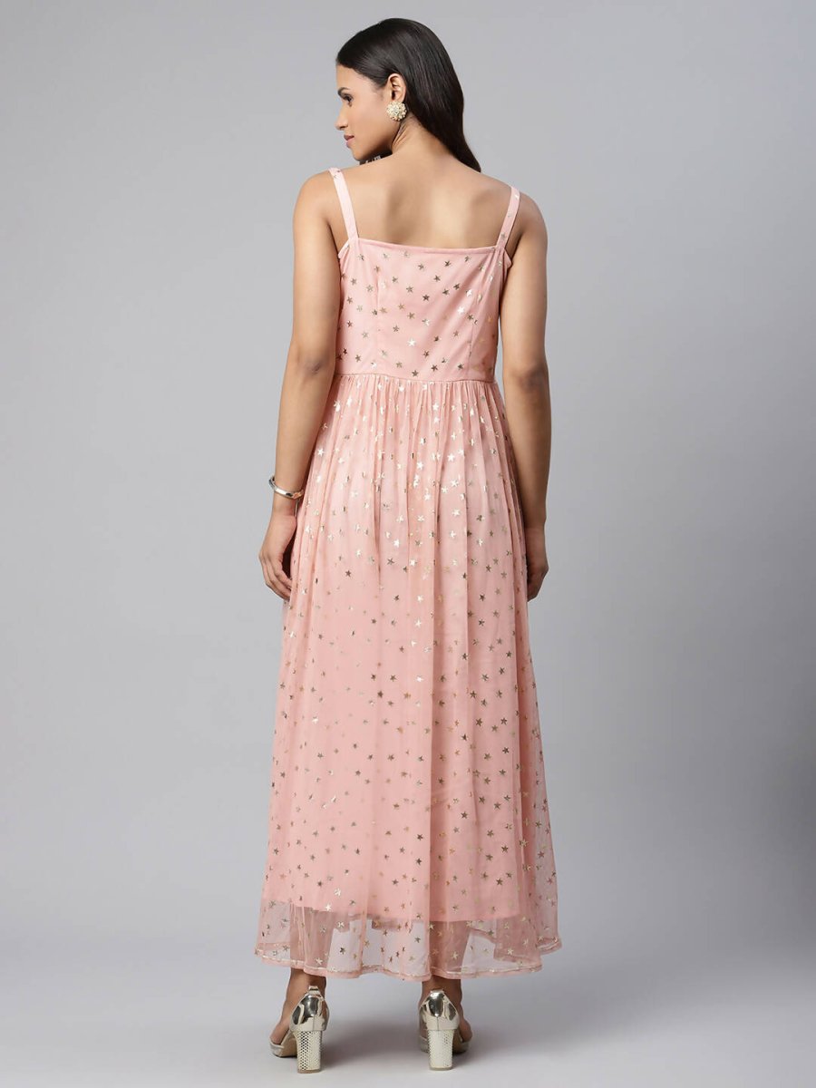 Ahalyaa Women Pink Net Gold Foil Print Dress | Swadesiicart