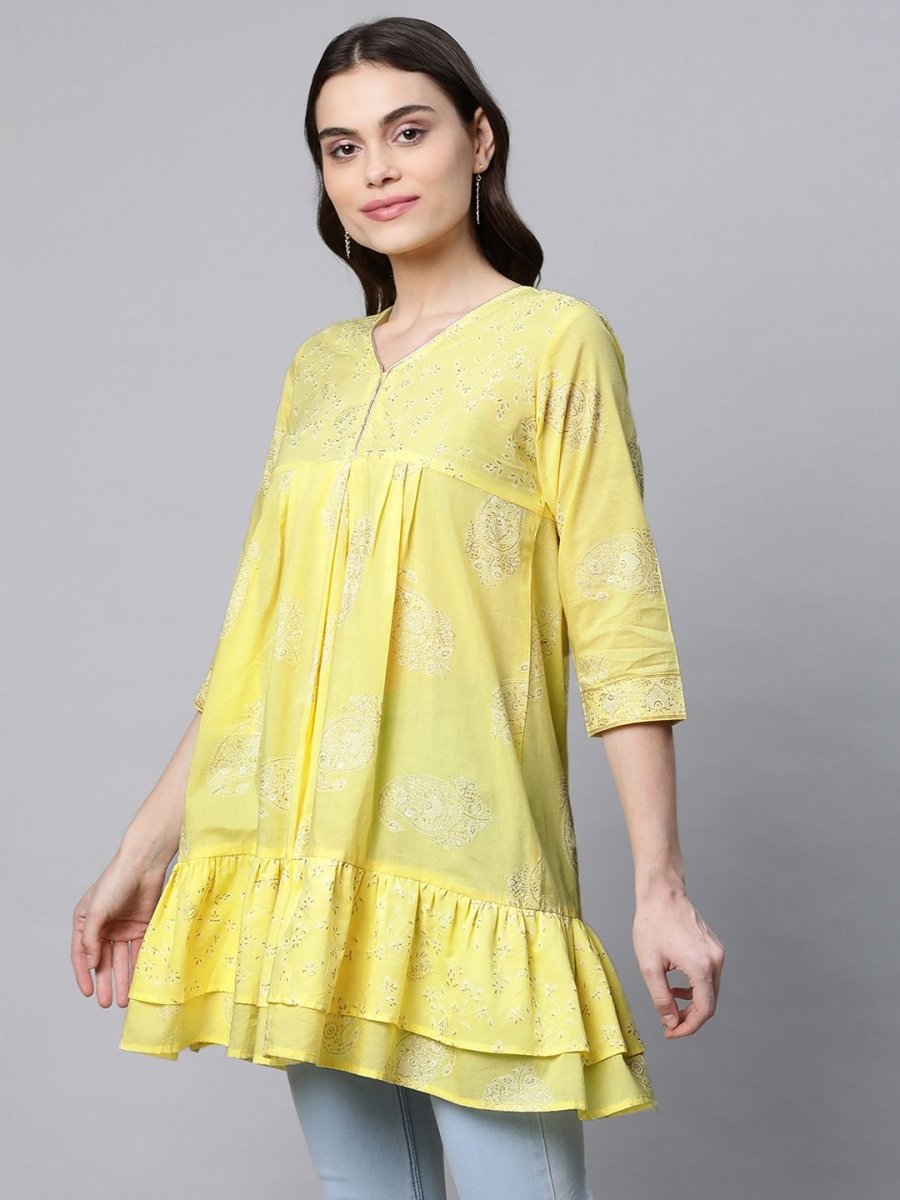Ahalyaa Women Yellow Cotton Printed Tunic | Swadesiicart
