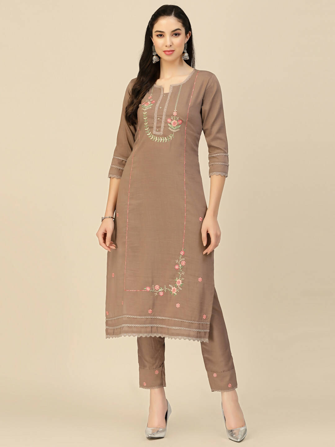Brown Embroidered Chinon Straight Kurta With Trouser & Dupatta - Salimar