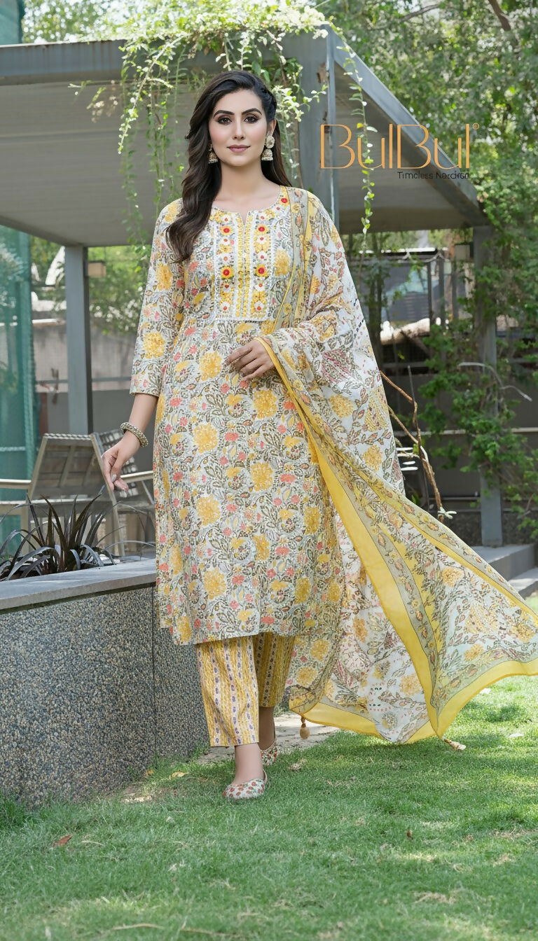 BulBul Fashionista Mustard Cotton Kurta Set with Dupatta - Swadesiicart