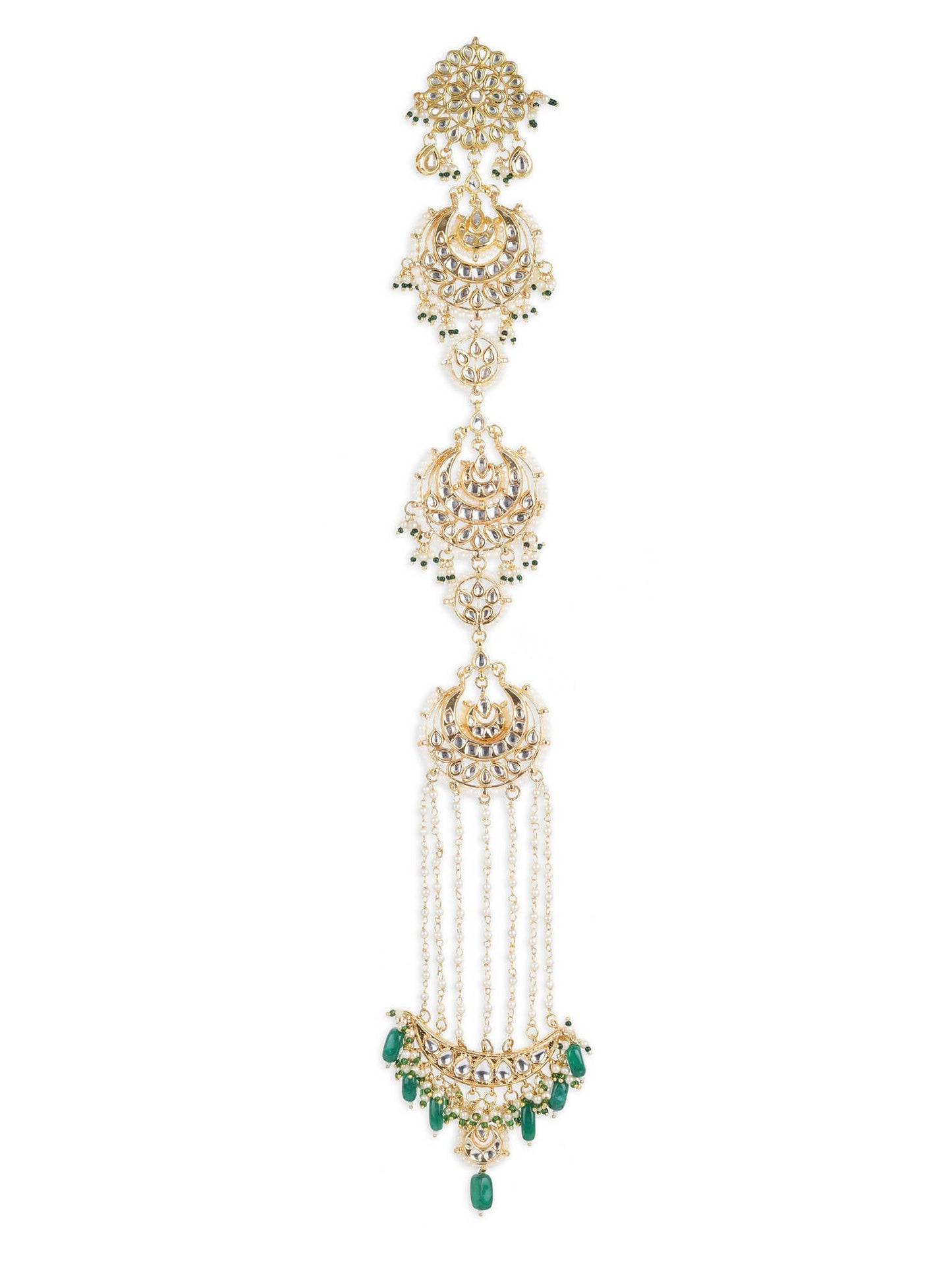 Gold-Polished Green Kundan Stone-Studded Head Chain - Ruby Raang | Swadesiicart