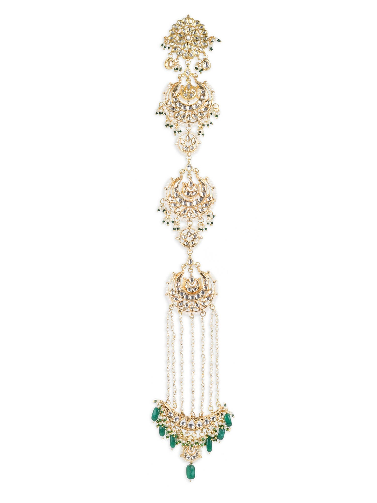 Gold-Polished Green Kundan Stone-Studded Head Chain - Ruby Raang | Swadesiicart