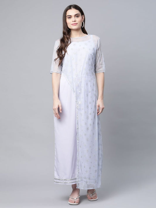 Ahalyaa Womens Blue Crepe & Net Silver Glitter Print Jumpsuit - Swadesiicart