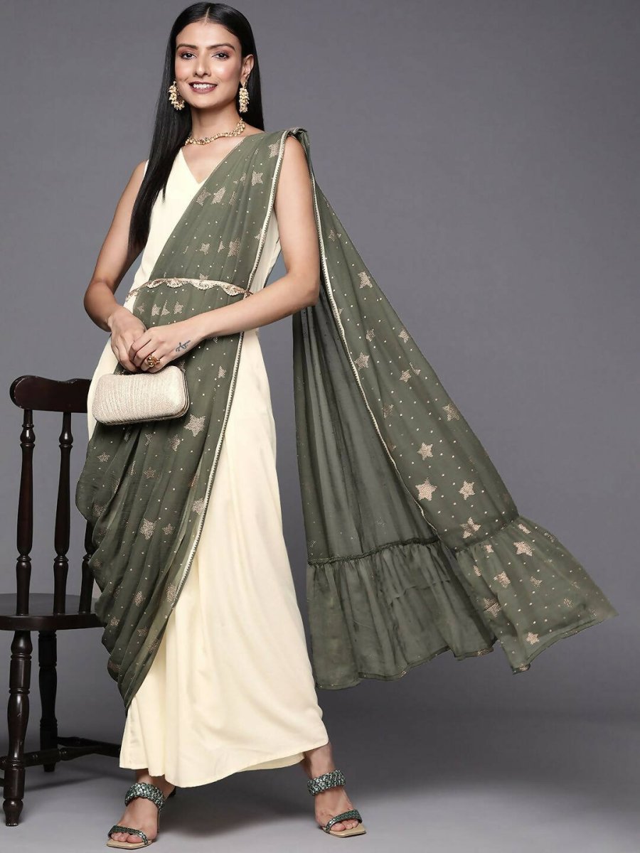 Ahalyaa Off White & Olive Green Ethnic Maxi Dress with Attached Dupatta | Swadesiicart