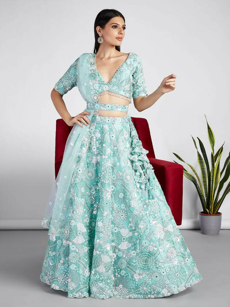 House of Panchhi Turquoise Blue Organza Sequins, Zarkan And Thread Embroidery Lehenga Choli & Dupatta | Swadesiicart