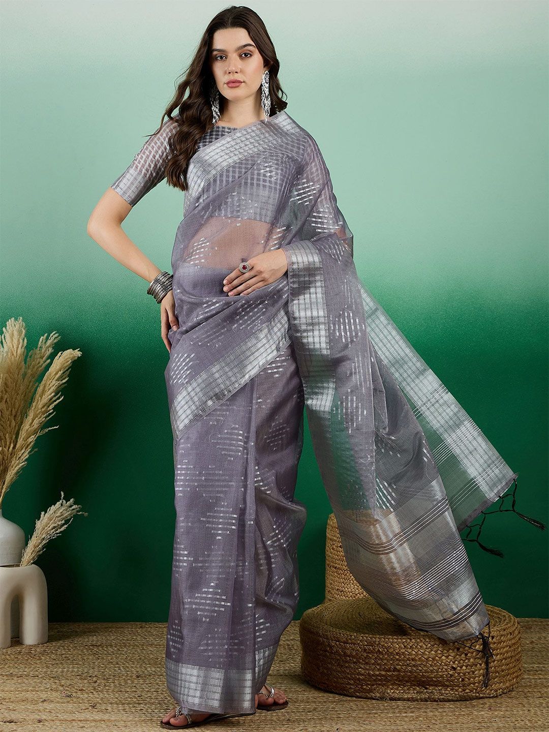 Mitera Striped Zari Organza Banarasi Saree | Swadesiicart