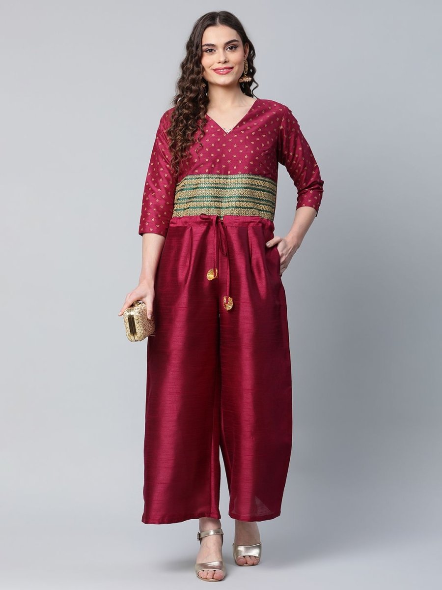Ahalyaa Womens Burgundy crepe Printed Jumpsuit | Swadesiicart