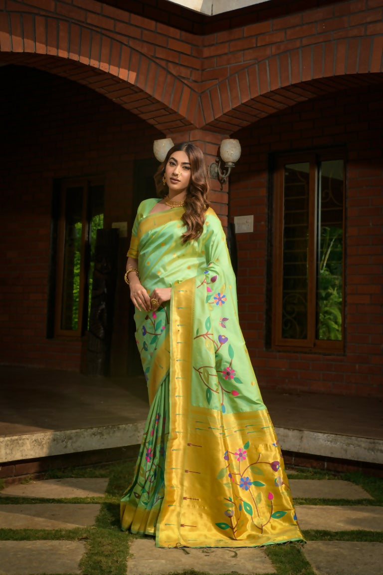 Jyoti Fashion Women's Sea Green Paithani Silk Zari Woven Saree with Blouse | Swadesiicart