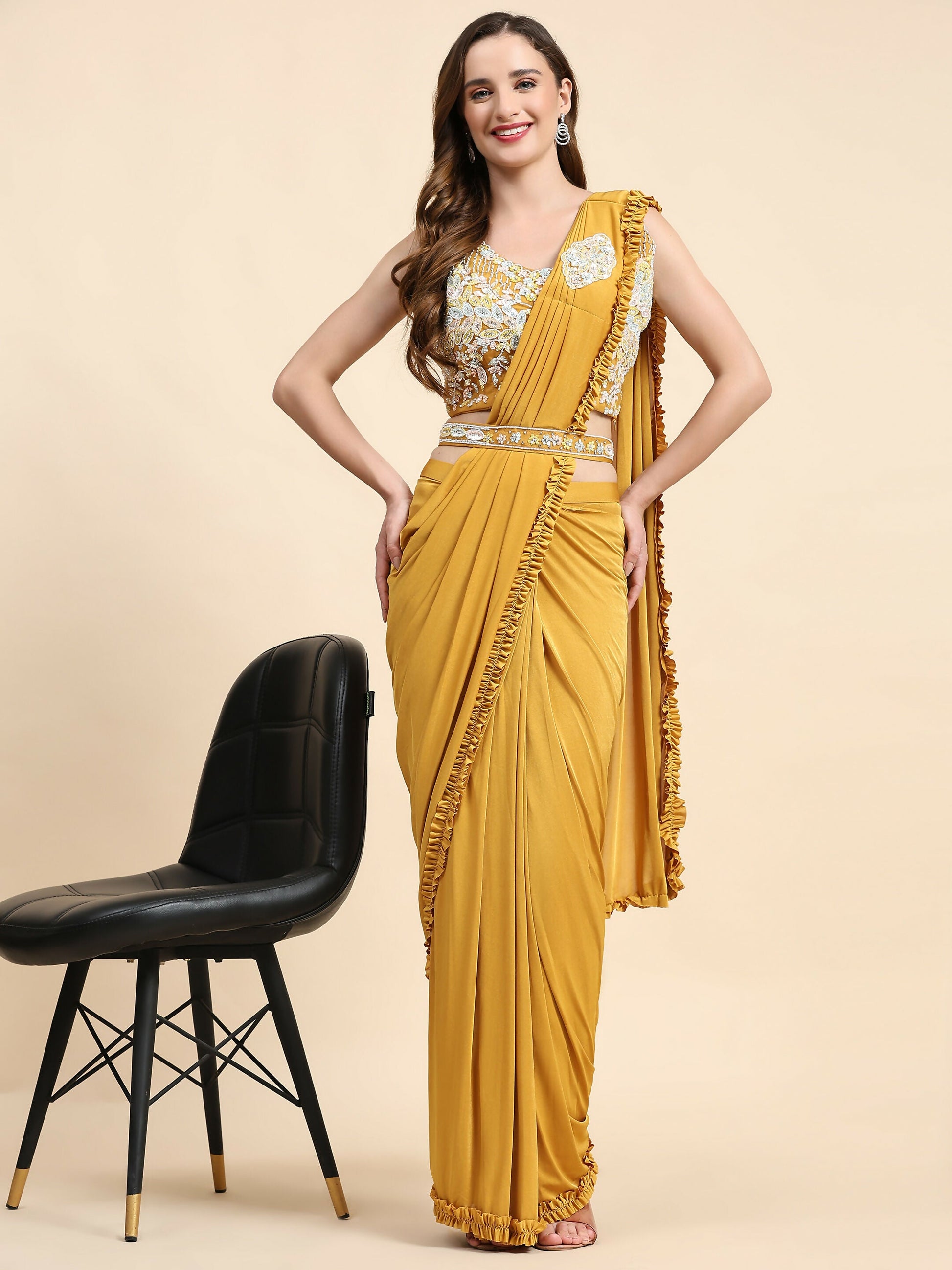 Yellow Lycra Solid Ready to wear Saree with stitched Blouse - Vanita | Swadesiicart