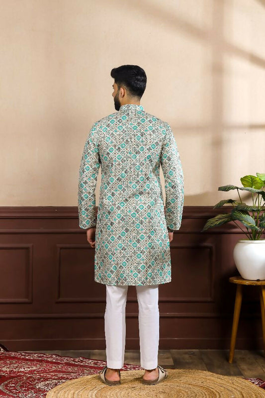 Blue Art Silk Digital Printed, Embroidery Work Kurta Set - Mahotsav