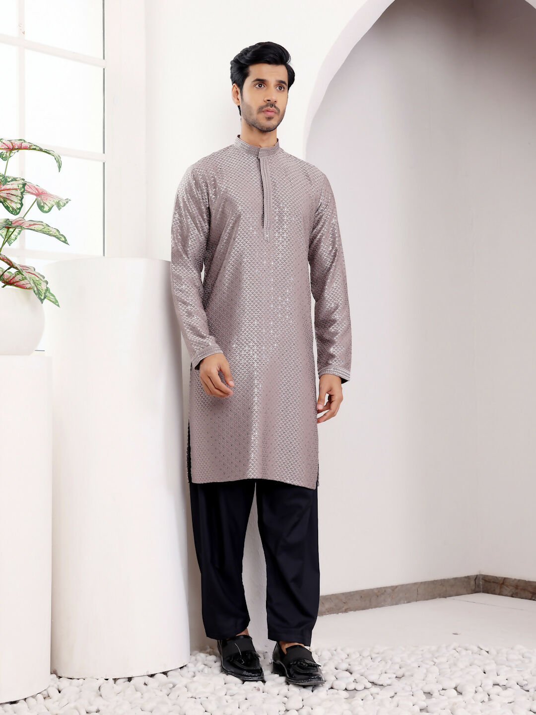 Grey Viscose Designer Chikankari Embroidery Work Men's Kurta - Mahotsav | Swadesiicart