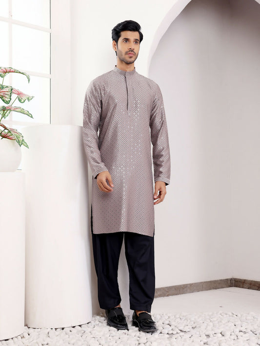 Grey Viscose Designer Chikankari Embroidery Work Men's Kurta - Mahotsav | Swadesiicart