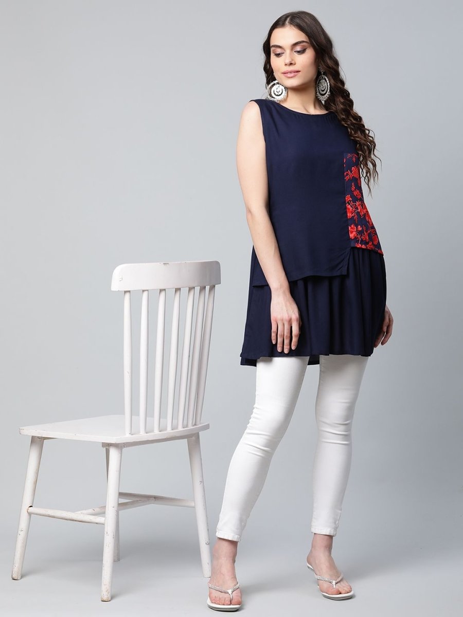 Ahalyaa Women Navy Blue Rayon Printed Tunic | Swadesiicart