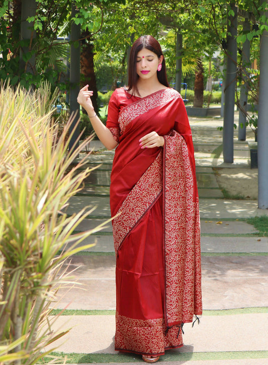 Vishnu Weaves Women's Red Handloom Raw Silk Woven Border Saree with Unstitched Blouse - Swadesiicart