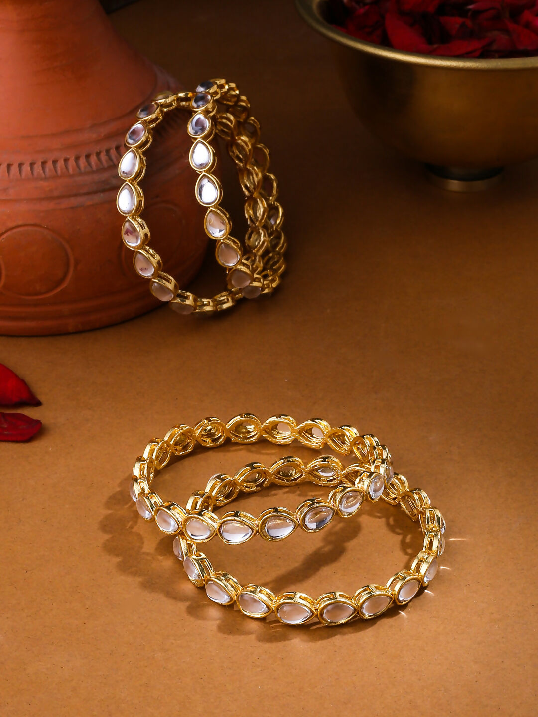 NVR Women's Set of 4 Gold-Polished Kundan Studded Traditional Bangles - Swadesiicart