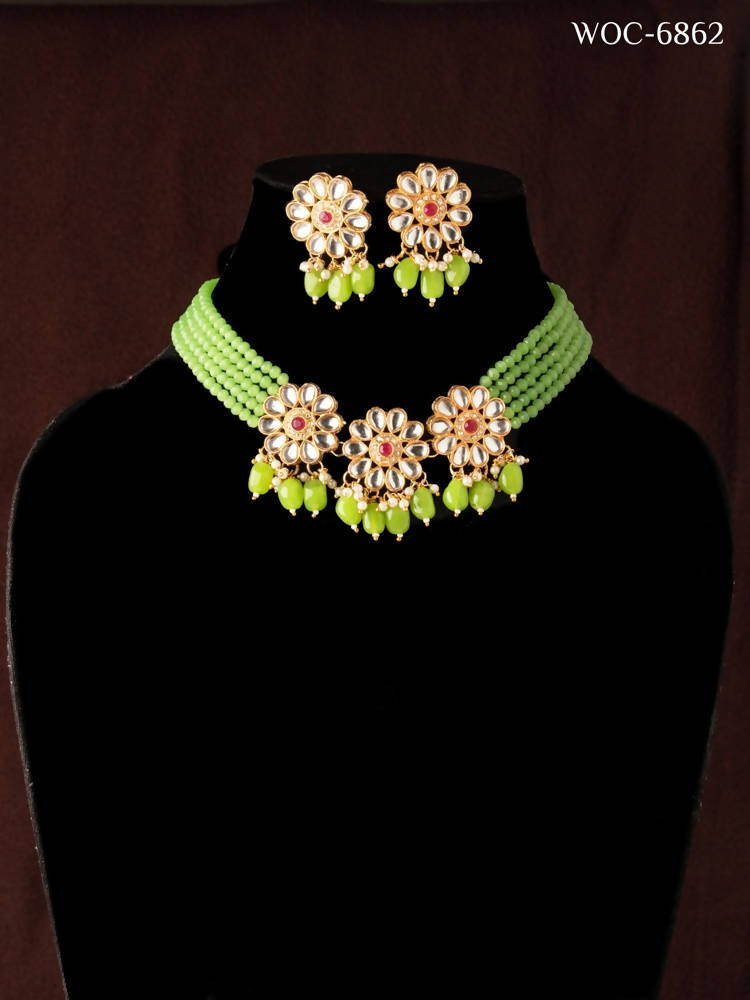 Mominos Fashion Johar Kamal Women's Pista Beads Pearls Gold-Plated Jewellery Set