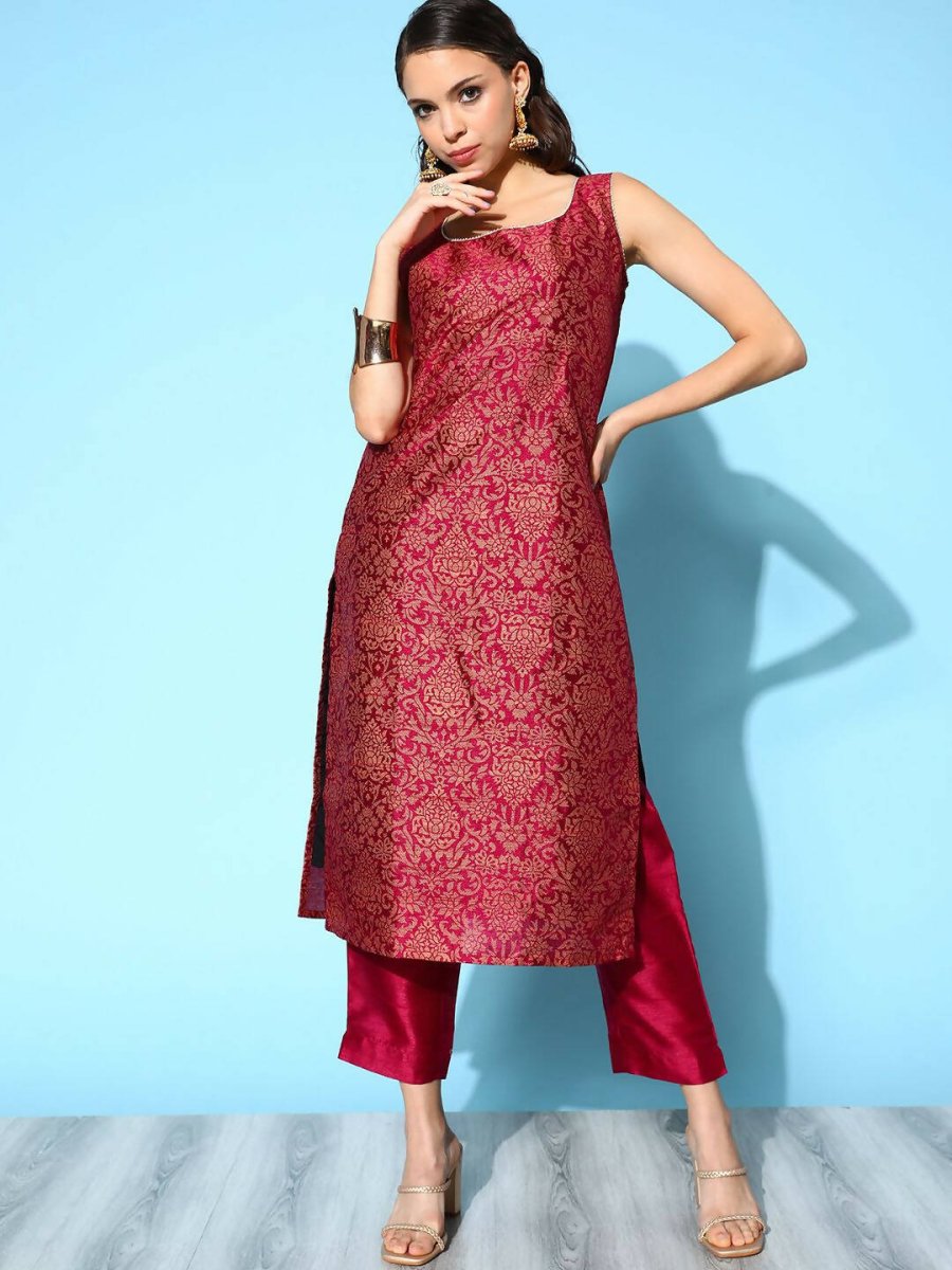 Ahalyaa Women's Wine Poly Silk Gold Paste Printed Kurta Pant Set | Swadesiicart