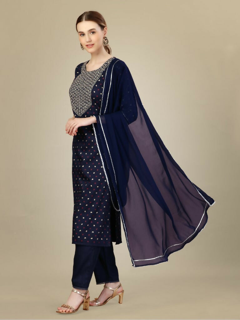 Jyoti Fashion Women's Navy Blue Silk Blend Embroidery & Sequence work Kurta with Trouser & Dupatta | Swadesiicart