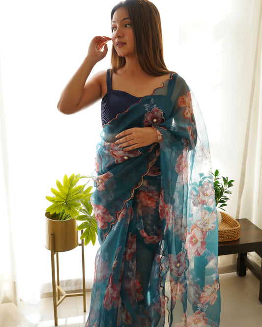 Vamsee Ramya Blue Organza Saree - Swadesiicart