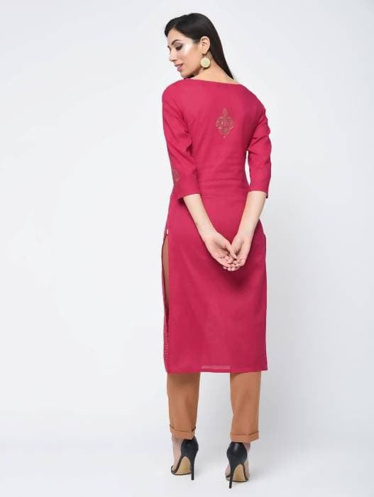 Aniyah Cotton Block Printed Traditional Straight Kurta In Magenta Color (AN-125K) - Swadesiicart