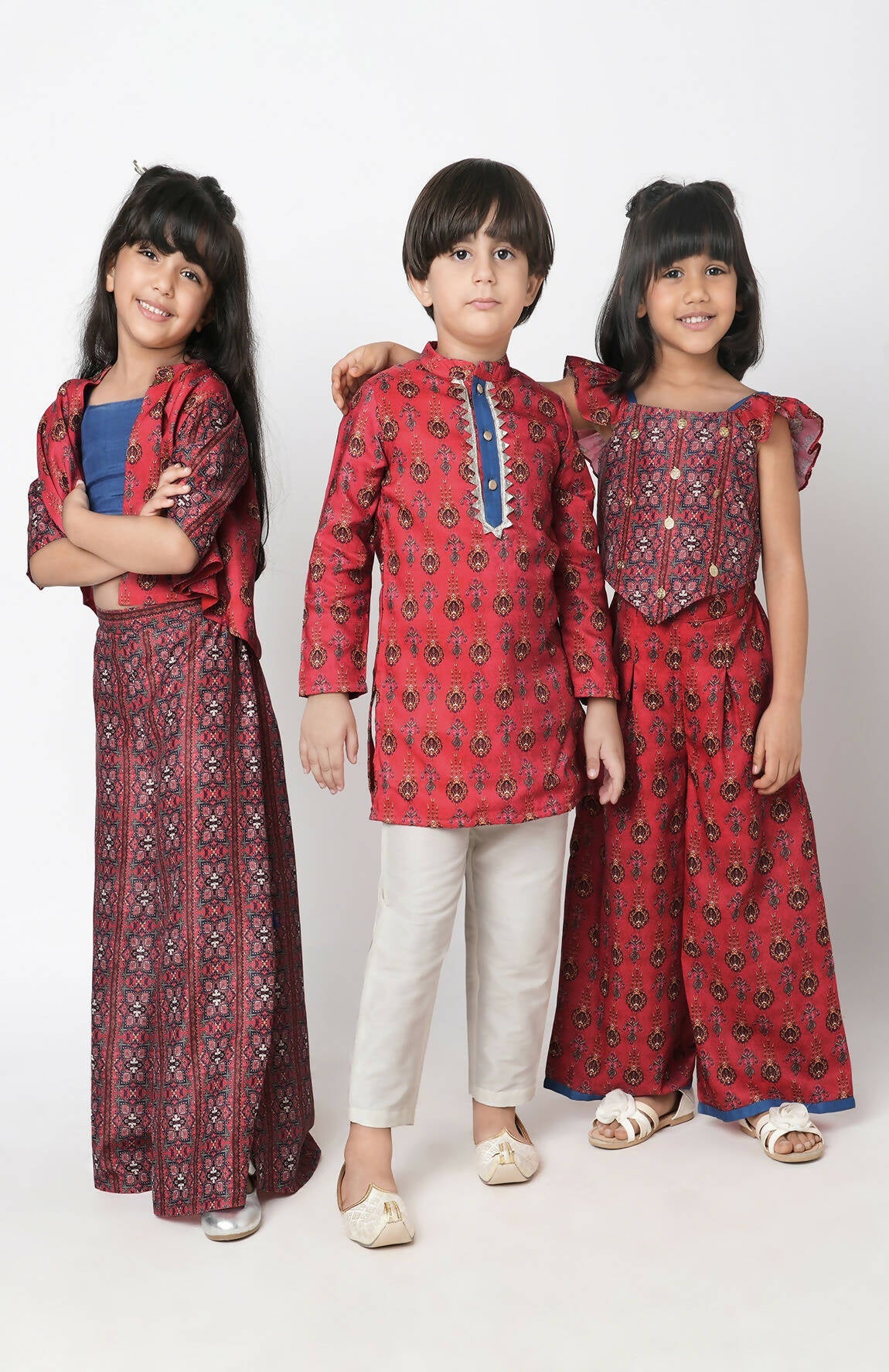 Lil Drama Ethnic Twist Girls Red Print Box Pleat Pant With Top Co-Ordinate Set - Swadesiicart