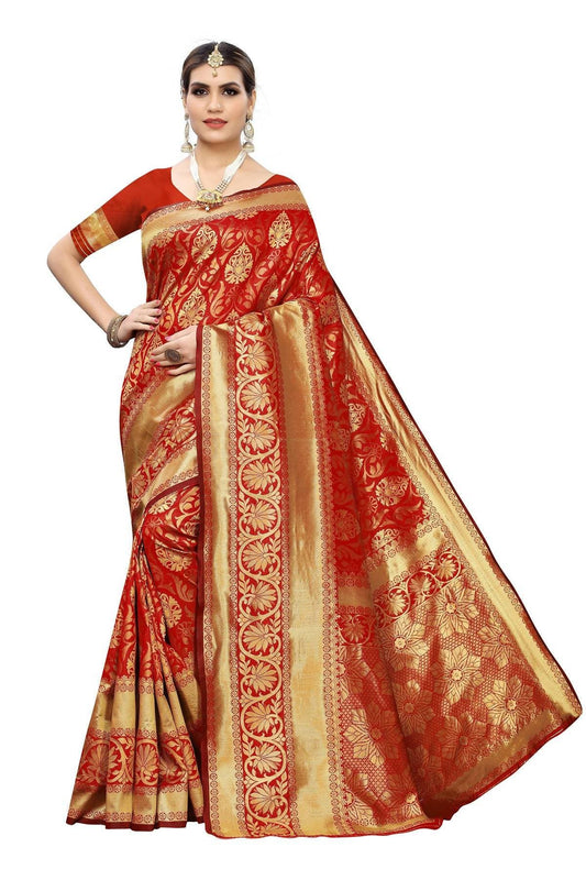 Vamika Banarasi Jaquard Red Weaving Saree | Swadesiicart