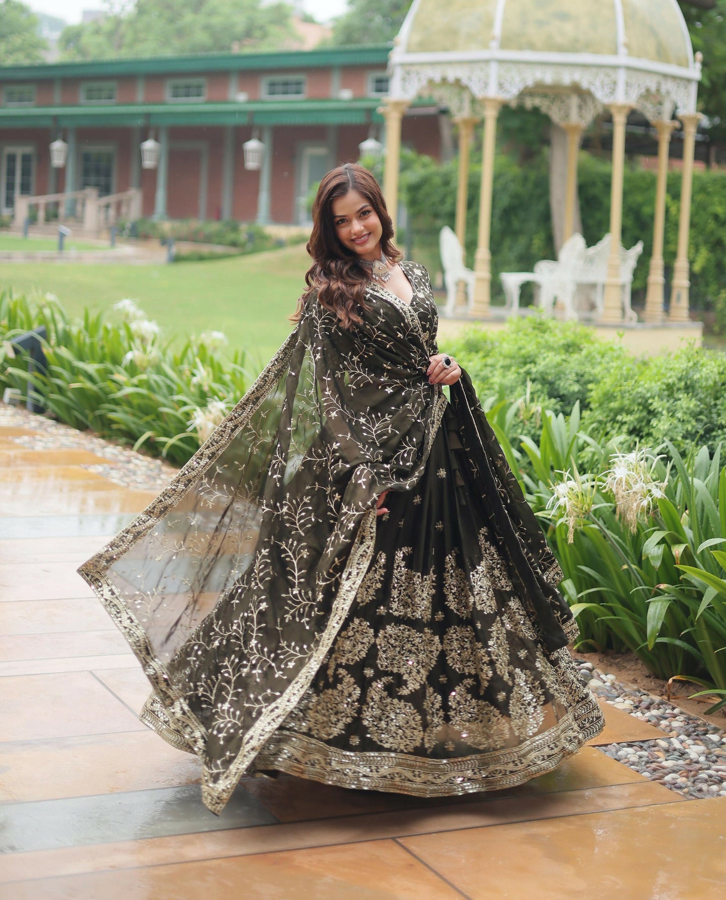 Lorenvalley Mahendi Rangoli Silk Heavy Sequins & Thread Embroidered work Lehenga Choli | Swadesiicart