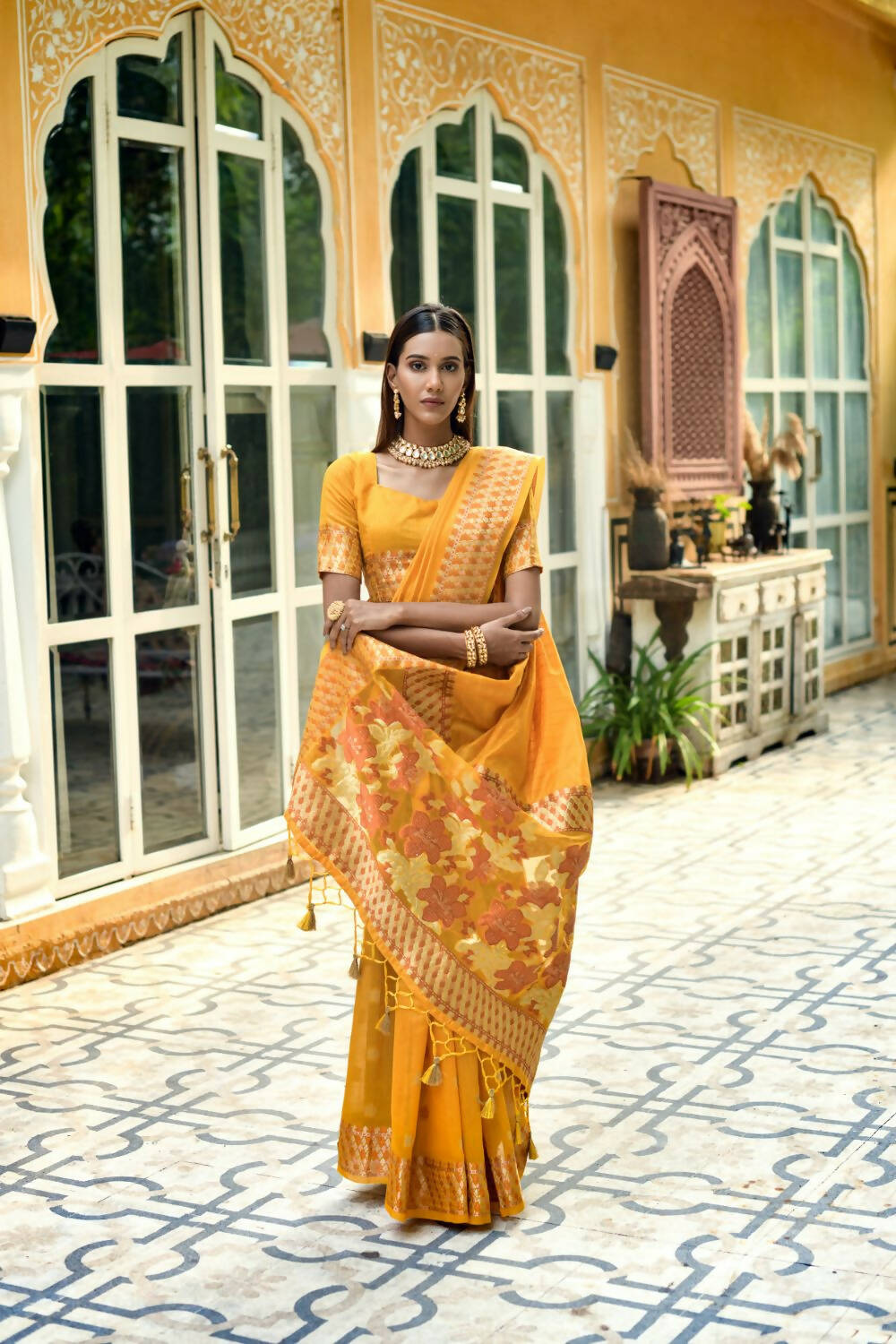 Vishnu Weaves Women's Yellow Cotton Silk Zari Woven Butta Work Saree with Blouse - Swadesiicart