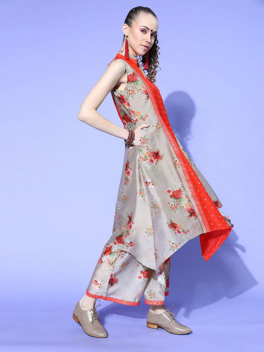 Ahalyaa Women Beige Colour Chanderi Digital Printed Kurta Palazzo Set | Swadesiicart