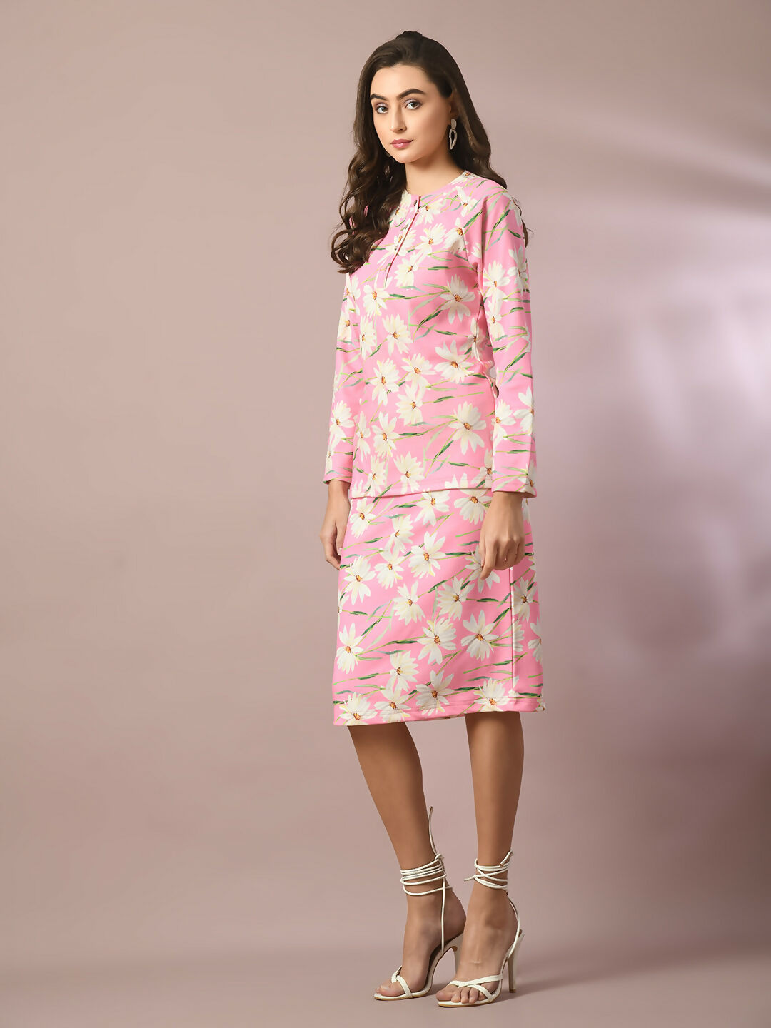 Myshka Women's Pink Printed Round Neck Party Top With Skirt Co-ord set - Swadesiicart