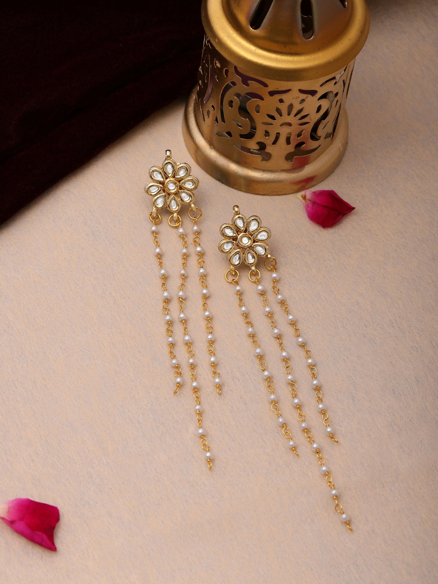Ruby Raang Gold Long Kundan & Pearl Dangler Earrings | Swadesiicart