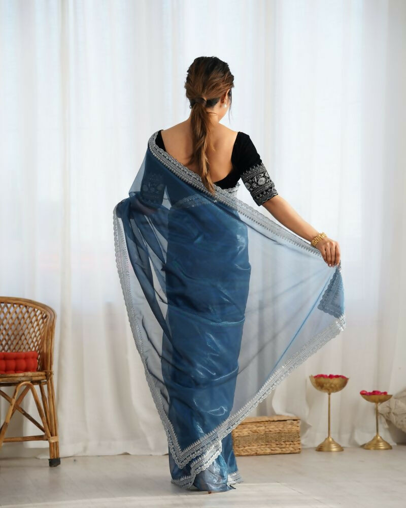 Attrctive Looking Gold Jari, Sequance Embroidery Work Twill Net Party Wear Saree - Teal