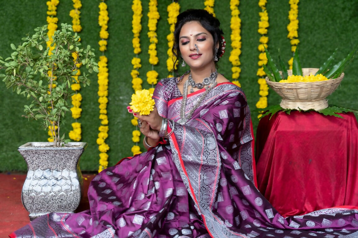Jyoti Fashion Women's Wine Soft Handloom Silk Zari Woven Saree with Blouse | Swadesiicart