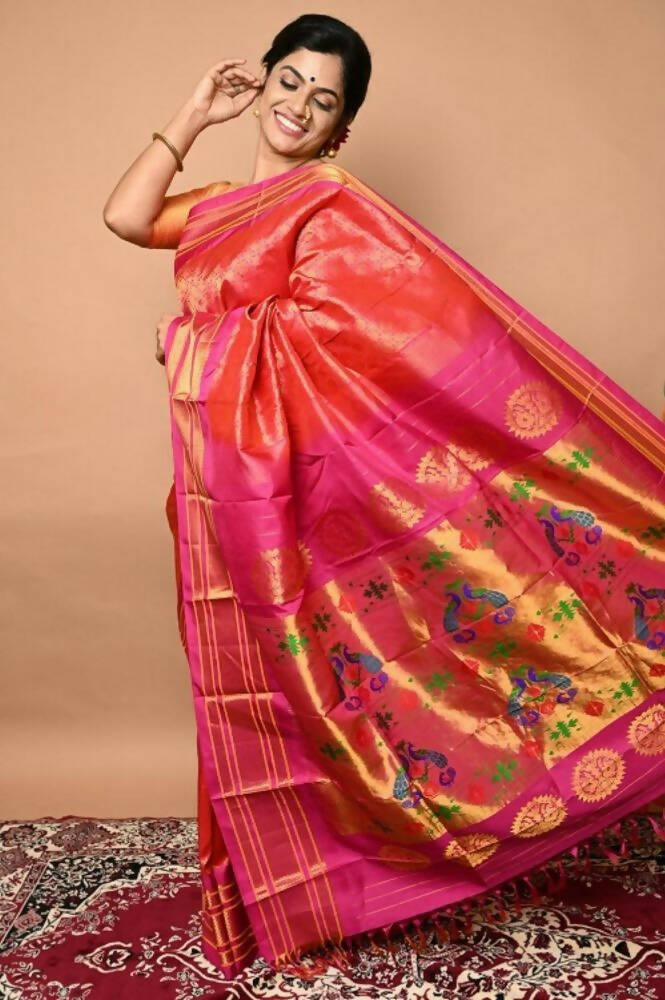 Very Much Indian Silk Handloom Maharani Paithani Complete Brocade Work Throughout Saree Peach Pink | Swadesiicart