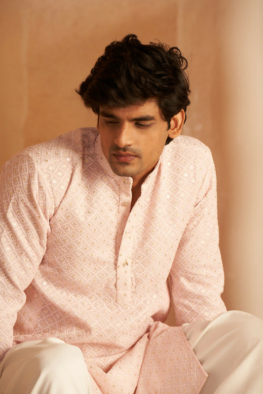 Pink Viscose Chikankari Embroidery Work Men's Kurta Set - Mahotsav | Swadesiicart