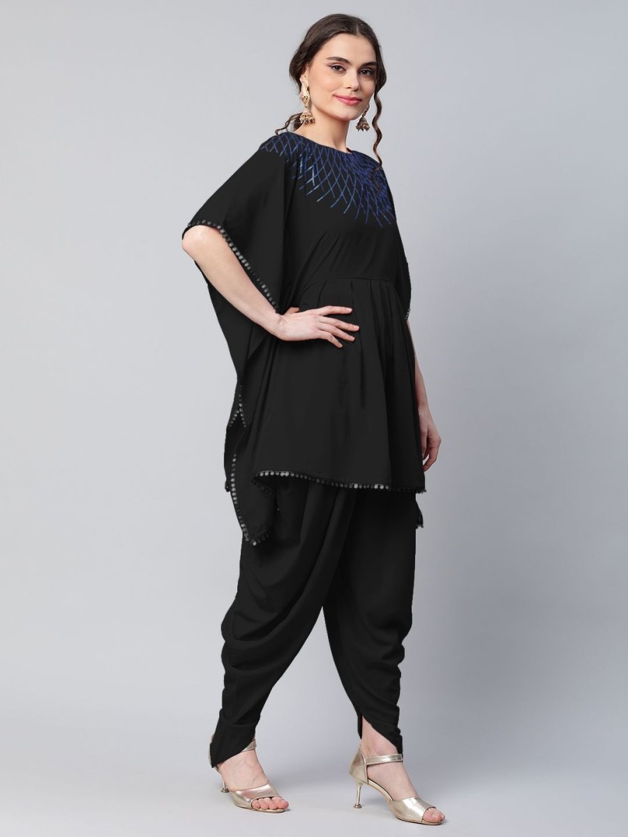 Ahalyaa Women Black Crepe Glitter Printed Kurta with Dhoti Pants | Swadesiicart