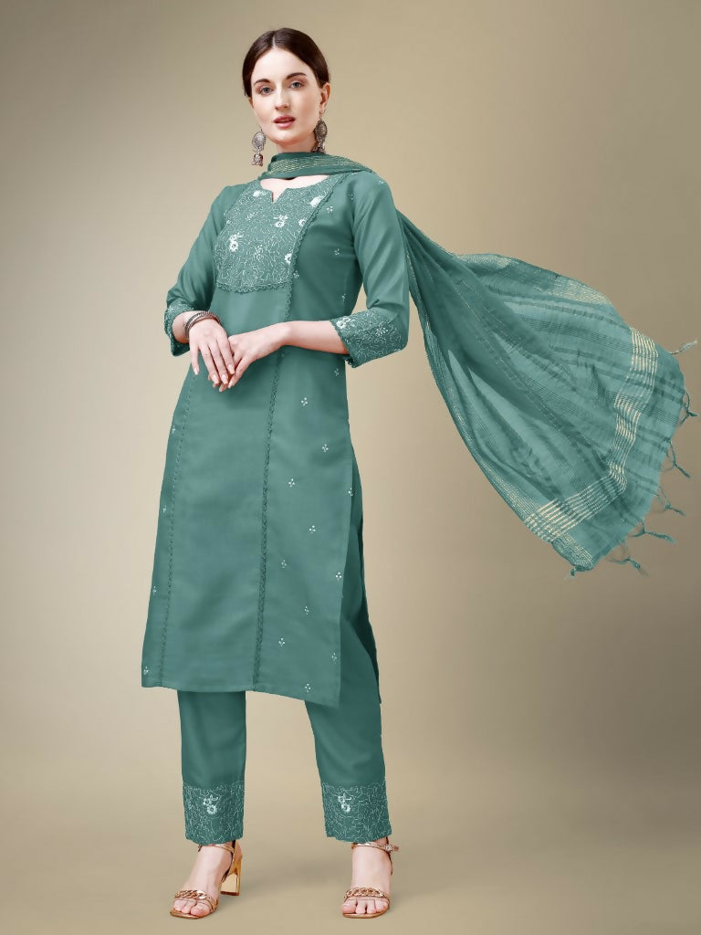 Jyoti Fashion Women's Teal Cotton Blend Embroidery & Fancy Lace work Kurta with Trouser & Dupatta | Swadesiicart