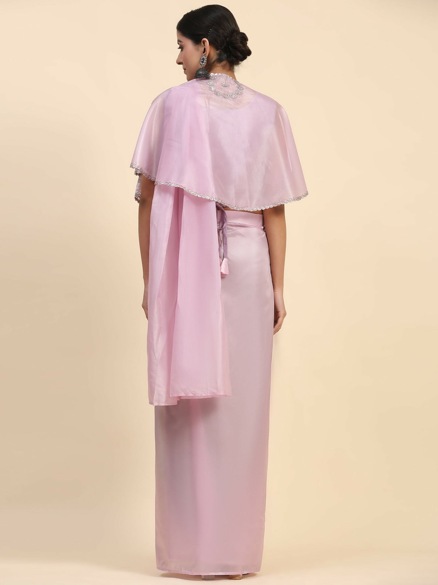 Light Lavendar Satin Solid Ready to wear Saree with stitched Blouse - Vanita | Swadesiicart