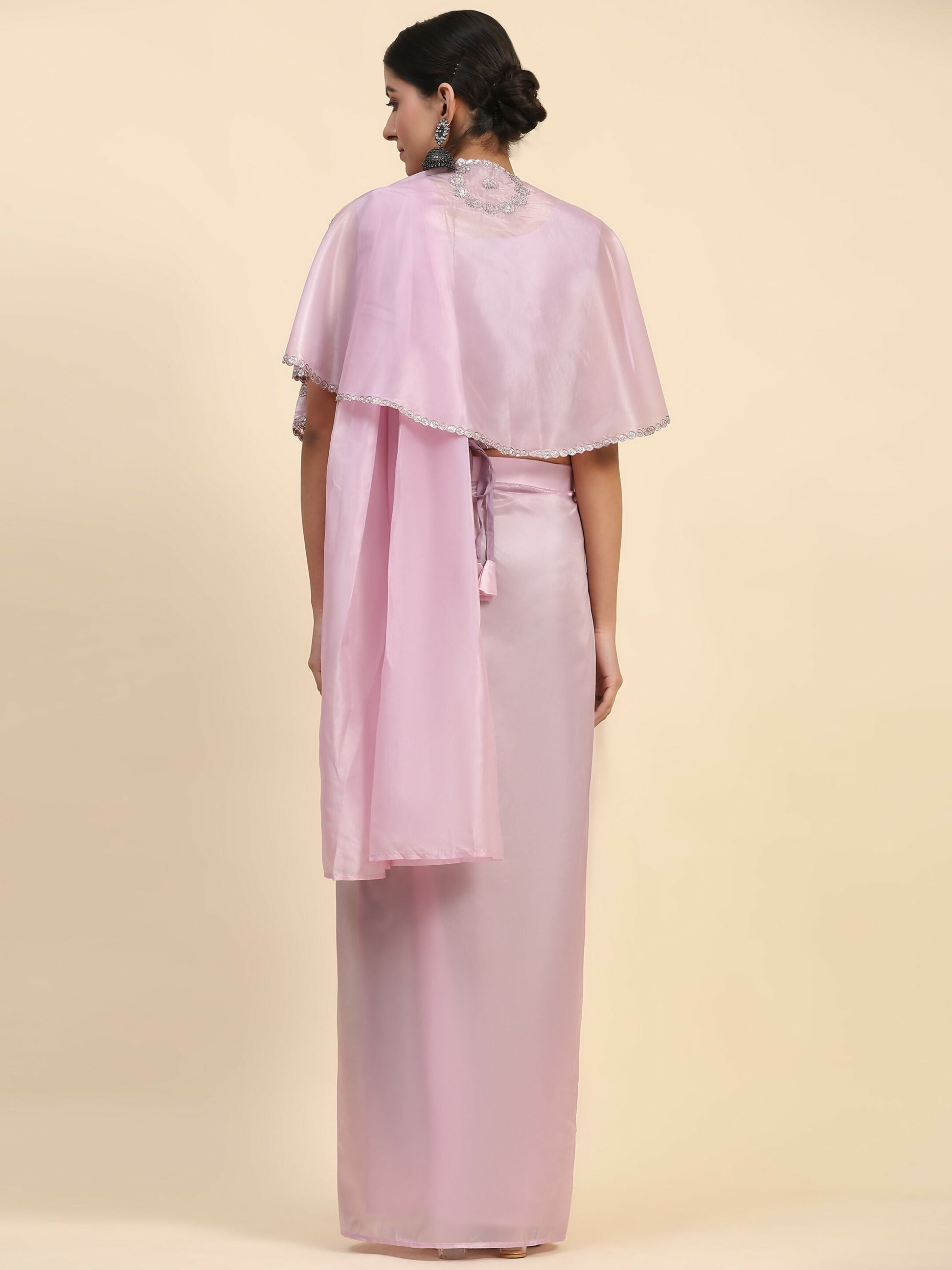 Light Lavendar Satin Solid Ready to wear Saree with stitched Blouse - Vanita | Swadesiicart