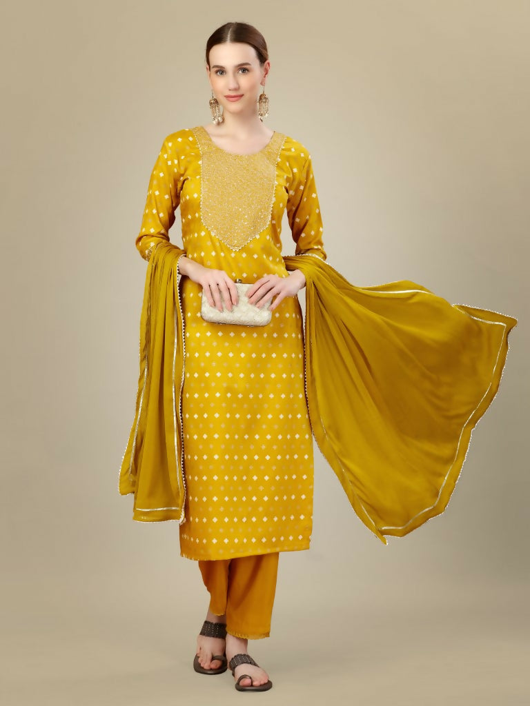 Jyoti Fashion Women's Golden Silk Blend Embroidery & Sequence work Kurta with Trouser & Dupatta | Swadesiicart