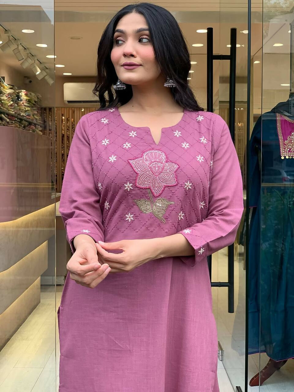The52 Peach Women's Gorgeous Embroidered Cotton Fabric Straight Kurta Pant with Dupatta Set - Swadesiicart