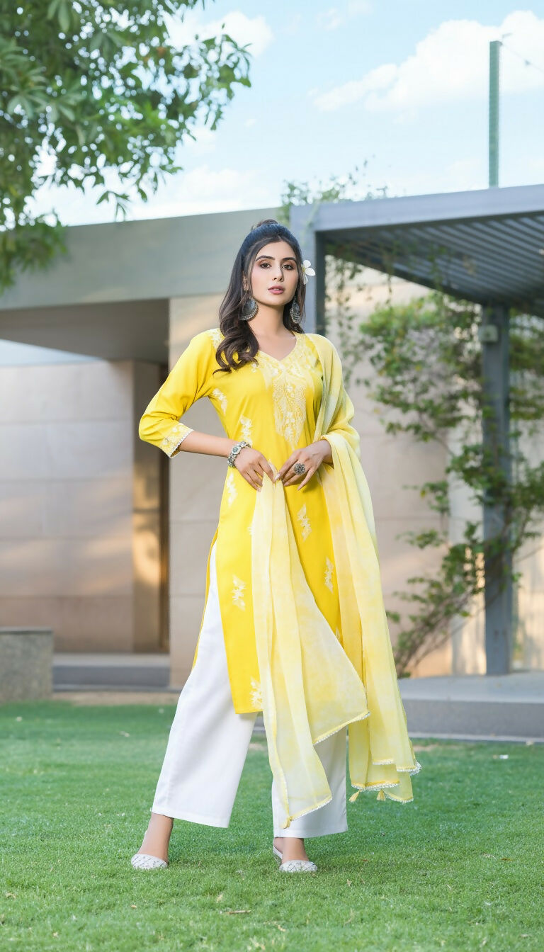 BulBul Pooja Yellow Rayon Kurta Set with Dupatta - Swadesiicart