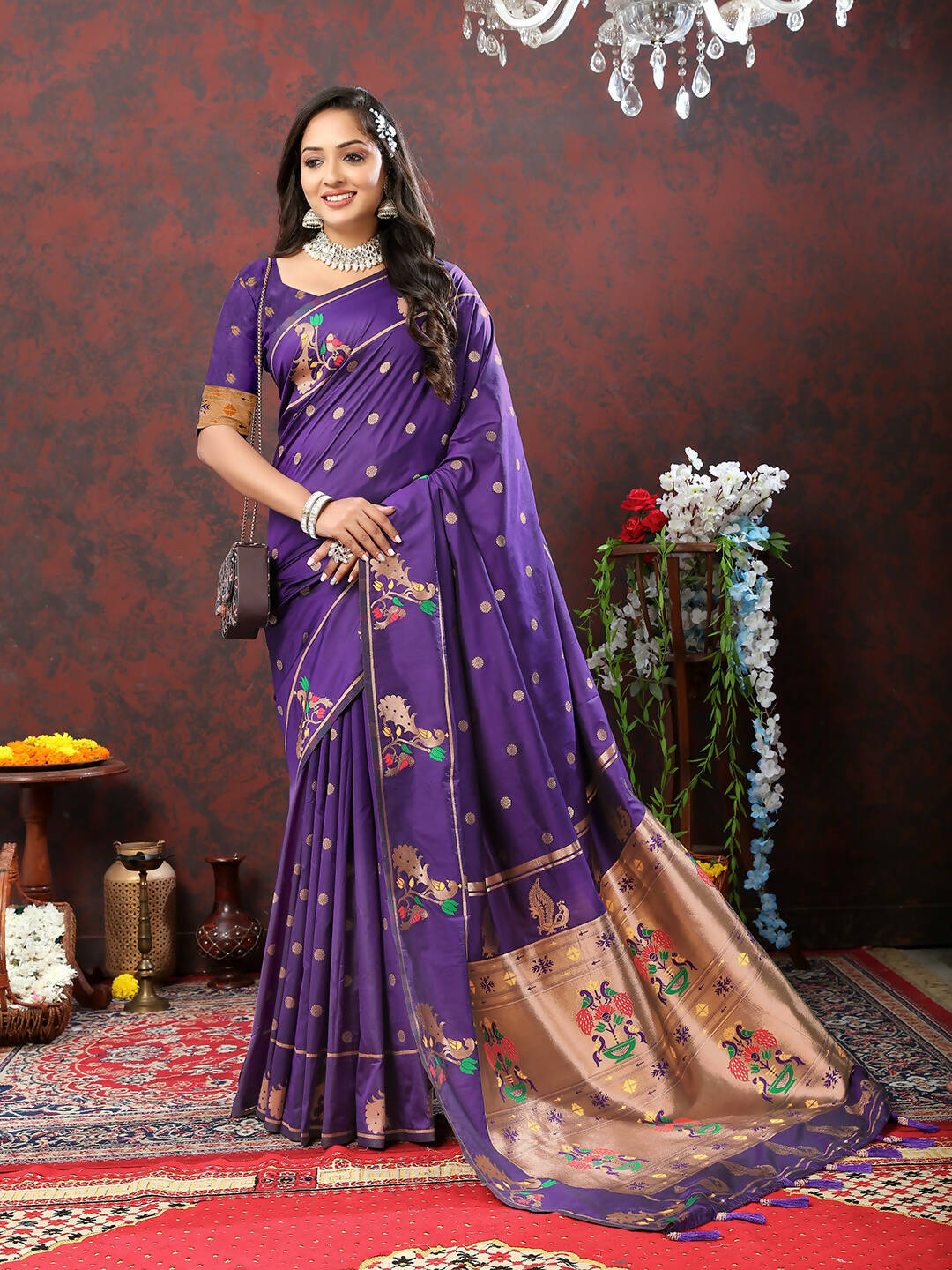 Lorenvalley Fashion Purple Soft Paithani Silk Woven Design Copper Zari Meenakari Weaving Saree - Swadesiicart
